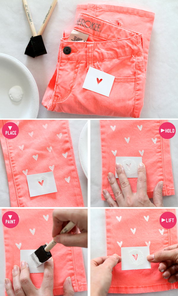 This diy heart painted jeans is great for Valentine’s Day, but of course you could do this with any shape. 