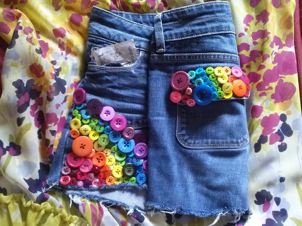 Rainbow Bright Button Shorts. Decorate your old shorts with colored ropes, wire, buttons or zippers, denim, sequins, silk and lace and what ever you like. It is fun and inspiring to make some creative shorts for yourself.
