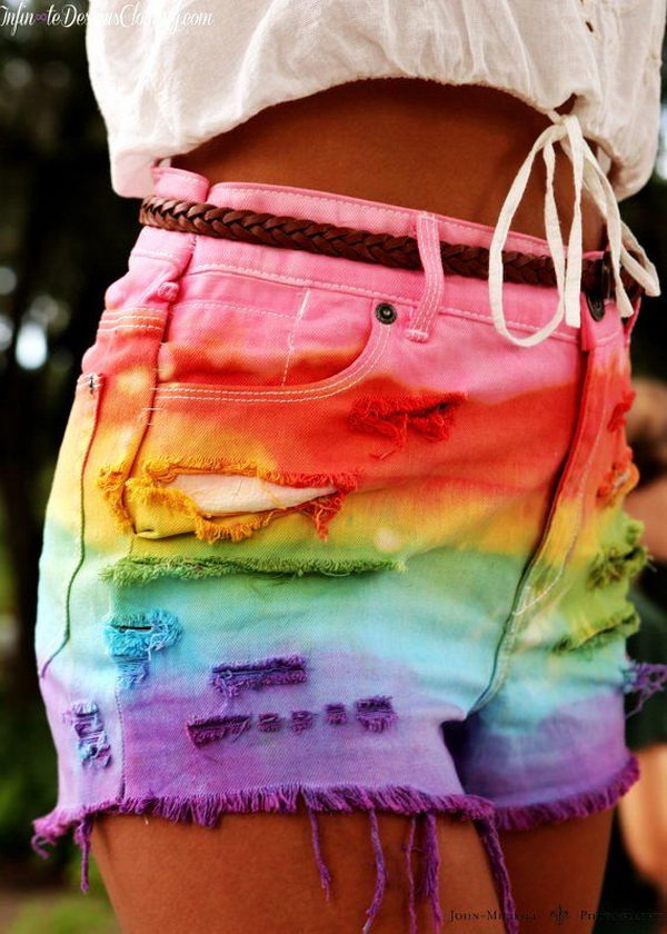 Rainbow Tie Dye Shorts. Decorate your old shorts with colored ropes, wire, buttons or zippers, denim, sequins, silk and lace and what ever you like. It is fun and inspiring to make some creative shorts for yourself.