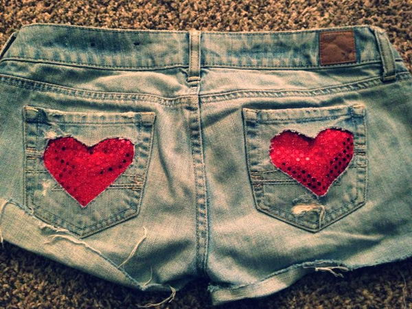 Heart Cut Off Jean Shorts. Decorate your old shorts with colored ropes, wire, buttons or zippers, denim, sequins, silk and lace and what ever you like. It is fun and inspiring to make some creative shorts for yourself.