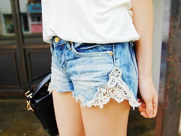 Lace Denim Shorts. Decorate your old shorts with colored ropes, wire, buttons or zippers, denim, sequins, silk and lace and what ever you like. It is fun and inspiring to make some creative shorts for yourself.