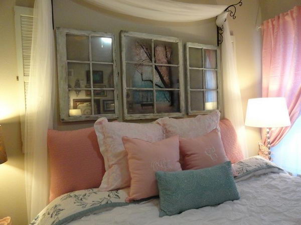 DIY Vintage Window Headboard. Not only served to isolate sleepers from drafts and cold in less insulated buildings, but also was a important decorative element in your bedrooms.