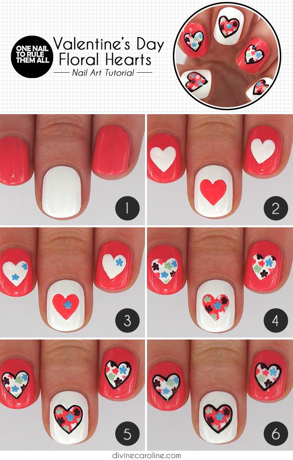 Valentines heart nail art with heart and floral designs, 