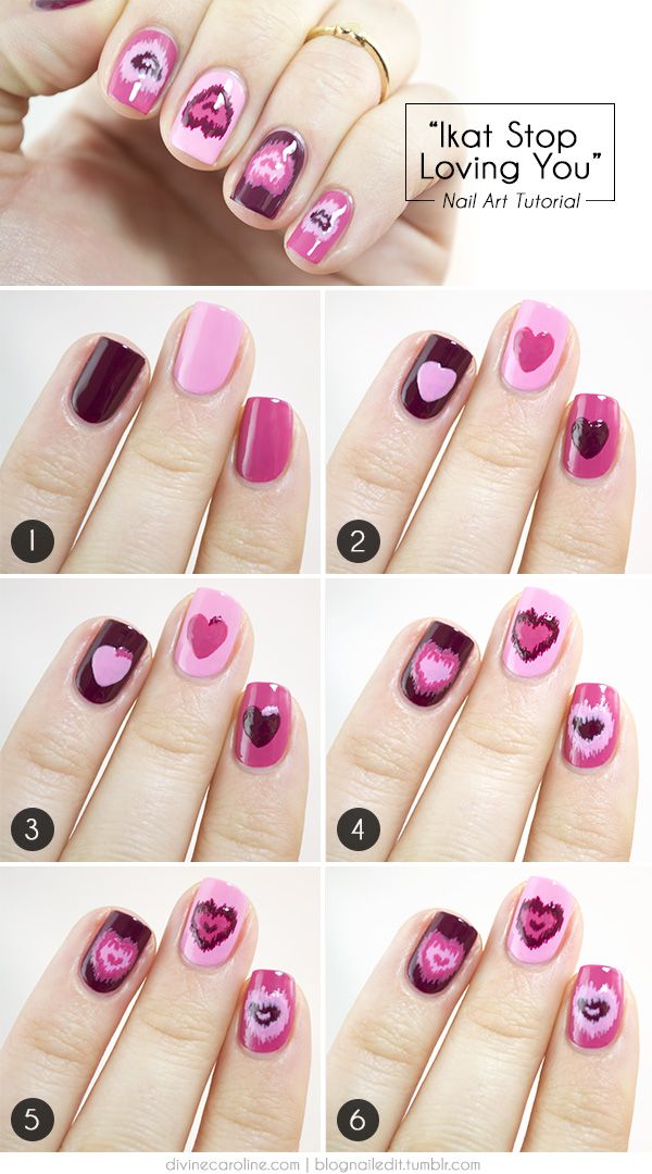 Valentines heart nail design which mixes the iconic heart symbol with an eye-catching ikat pattern. 