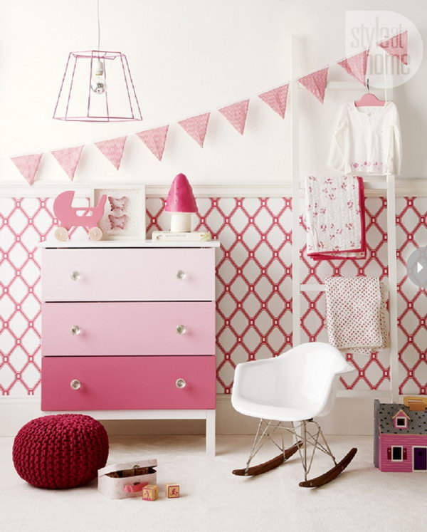 Paint the three drawer fronts in an ombre effect, moving from pale pink on the top drawer to a rich raspberry on the bottom. This dresser painting idea is perfect for girls' graceful and charming style. 