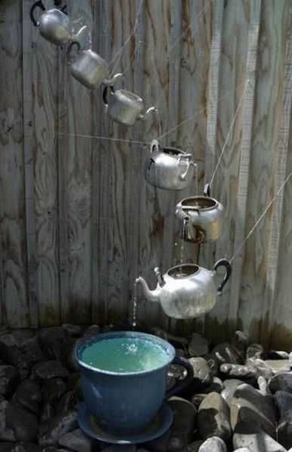 Teapots rain chain. Not only make a good sound and enhance your house exterior appearance, but also divert water away from your house.