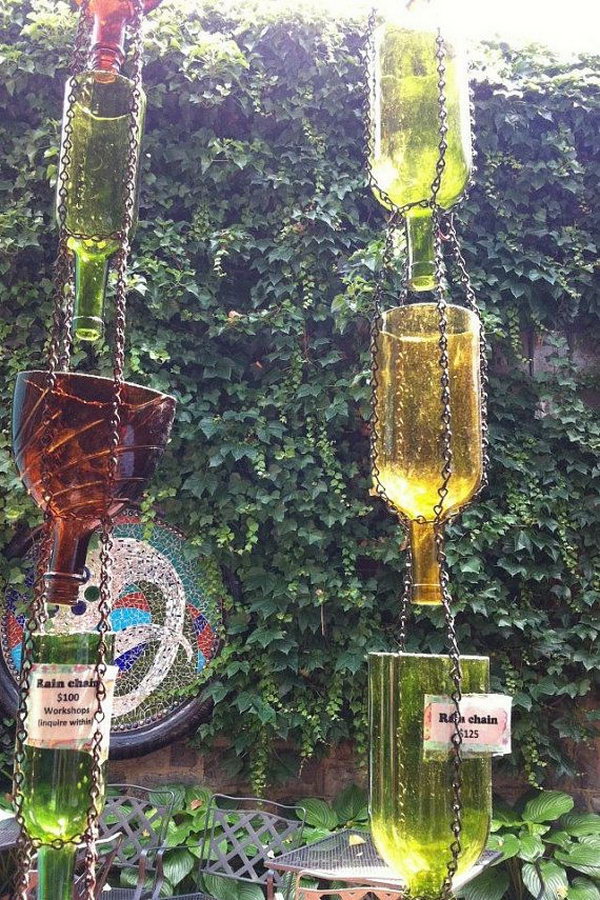 Up-Cycled Wine Bottle Rain Chain. Not only make a good sound and enhance your house exterior appearance, but also divert water away from your house.