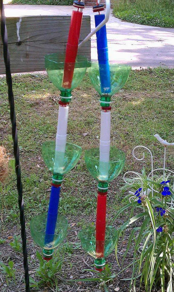 A hanging seedling rain chain made from recycled soda bottles. Not only make a good sound and enhance your house exterior appearance, but also divert water away from your house.