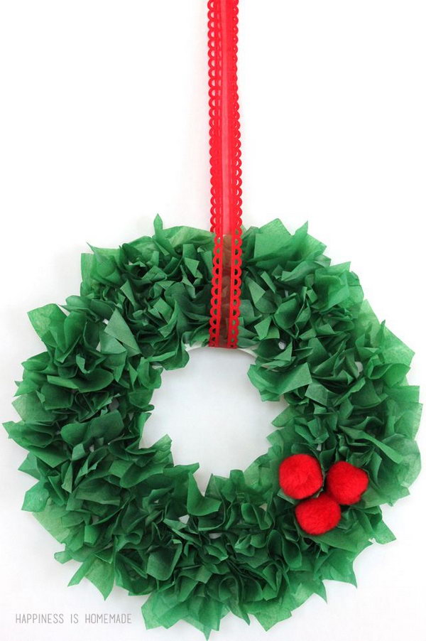 These tissue paper wreaths are easy and inexpensive to make, and they make great homemade holiday gifts for the kids to give to Grandma! 