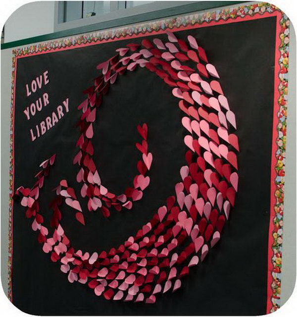 This Valentine's Day bulletin board with gorgeous three-dimensional swirling hearts design was created by talented library media specialist, Kristen. 