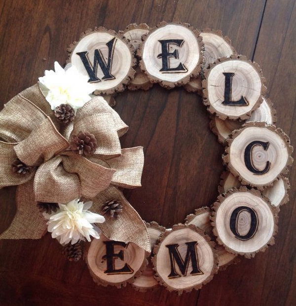 Wood burned WELCOME tree slice wreath, 