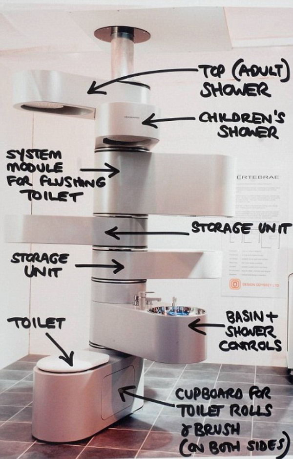 Designed to utilize vertical space instead of horizontal floor space, this is an intriguing but functional and simplistic space-saving bathroom by stacking the contents of a bathroom on top of one another. With two showers built-in, both of which rotate 180 degrees, one is for adults and one for children. 