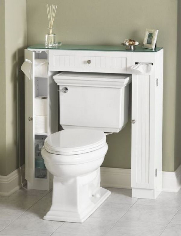 This surround toilet cabinet takes up less space than your regular cabinet and keeps everything organized in your bathroom.  