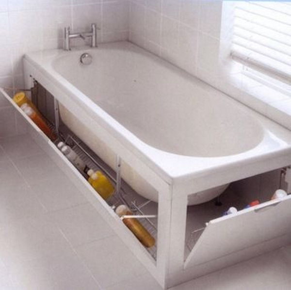 The built-in cabnet surrounding this tub provides enough space for extra cleaning sponges, shampoo, and soap. 