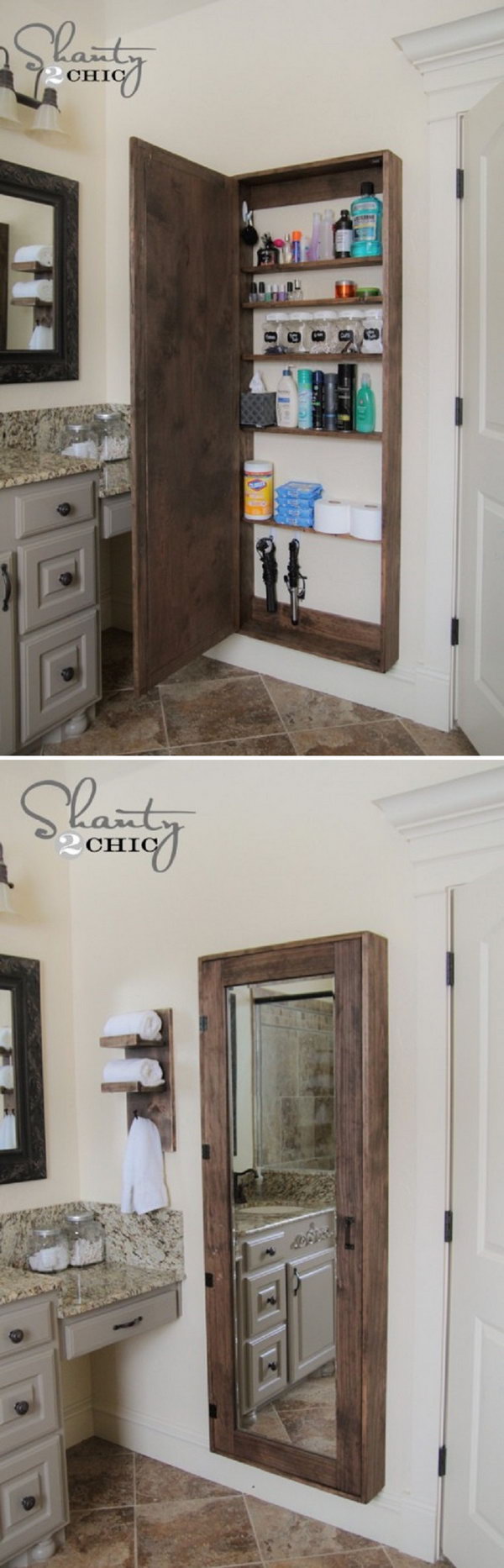 A big bathroom storage case behind the mirror to hold all the goodies. 