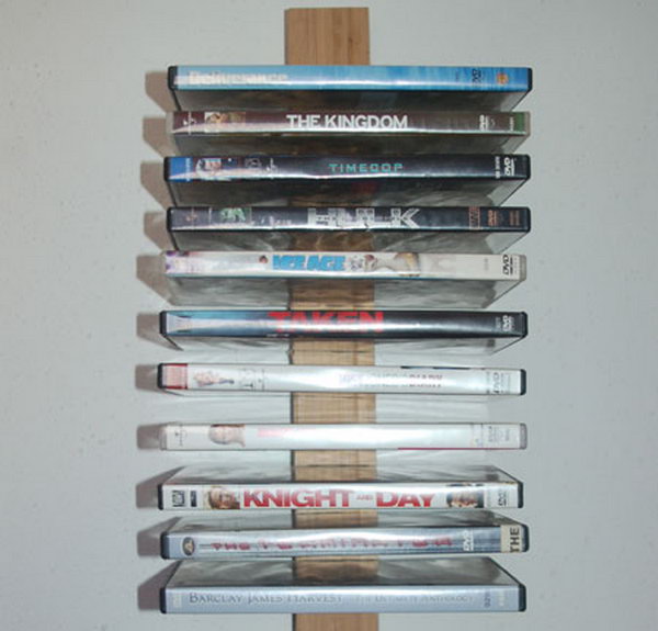 This DVD storage rack on wall is simple to make and won't cost a fortune. 