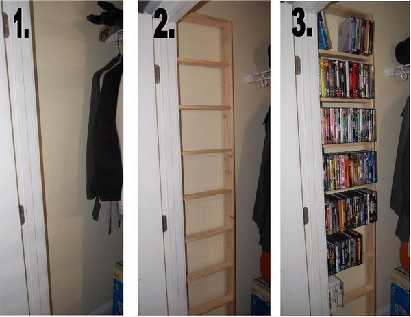 Build a DVD shelf inside of the hall closet to maximise the space. 