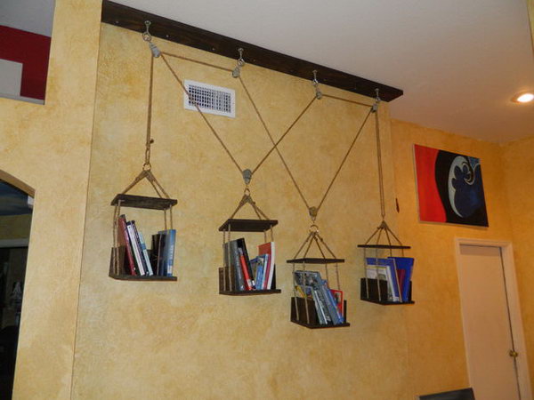 This dynamic hanging shelves can be repositioned at will and respond to the amount of books held on each shelf.  