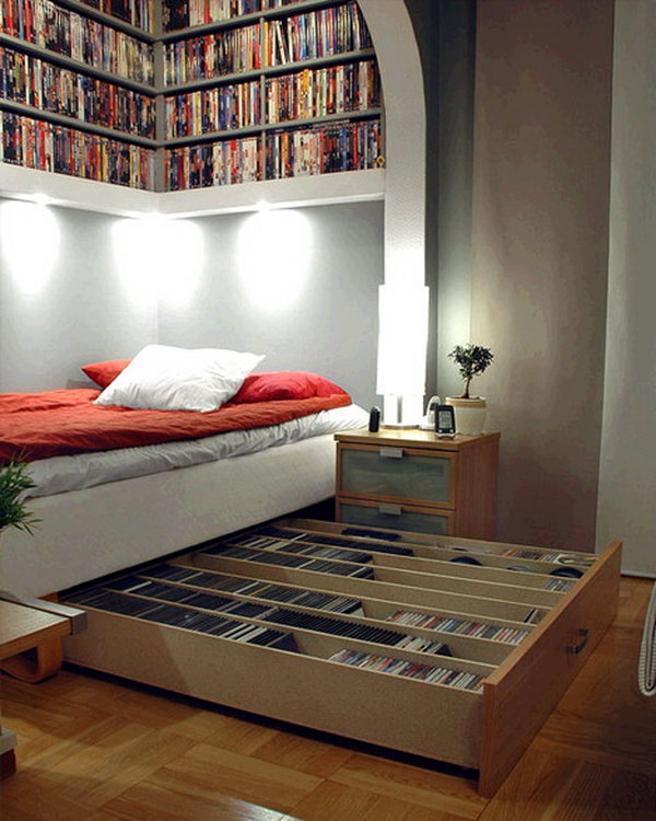 Save your space with these CD storage drawers underneath bed and shelves overhead.  