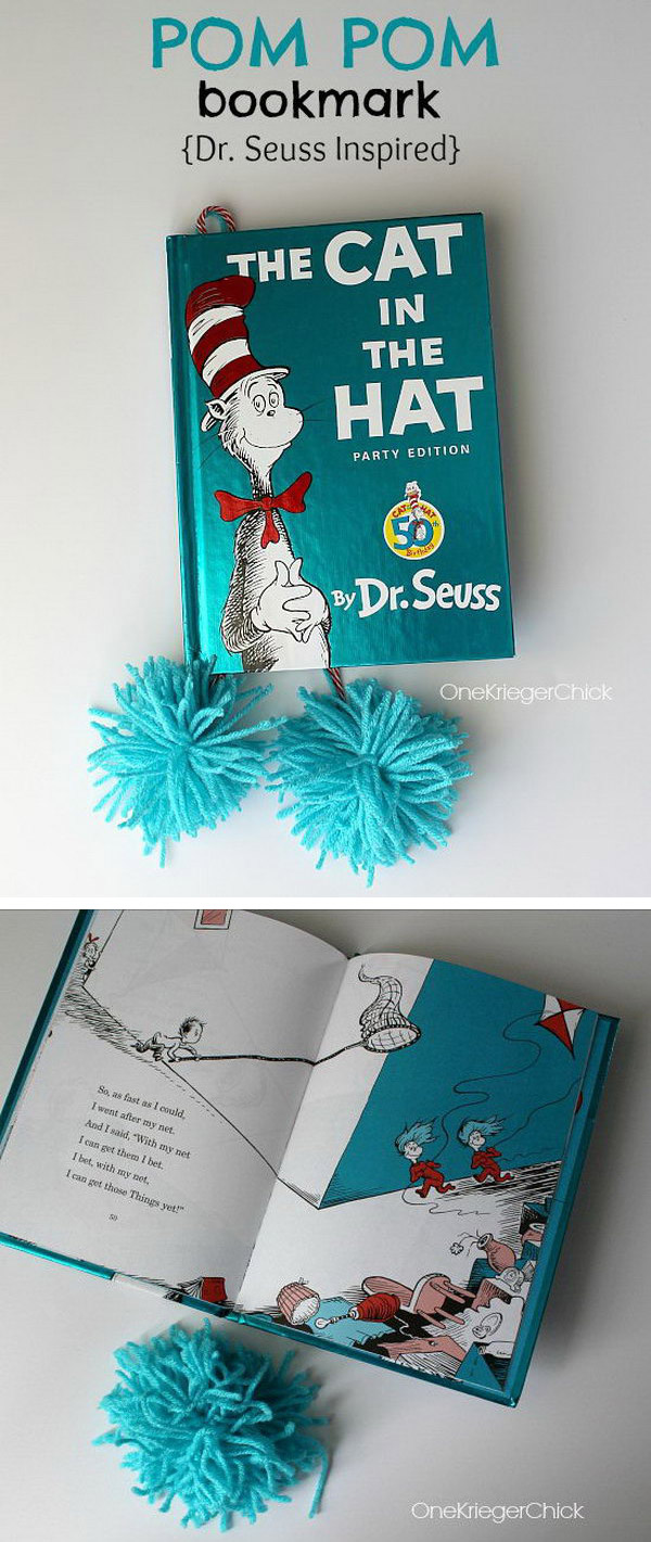 What a fun way to mark your place in a book with this pompom bookmark. They are like the trees in The Lorax or the fluffy hair-dos in many Dr. Seuss books. 