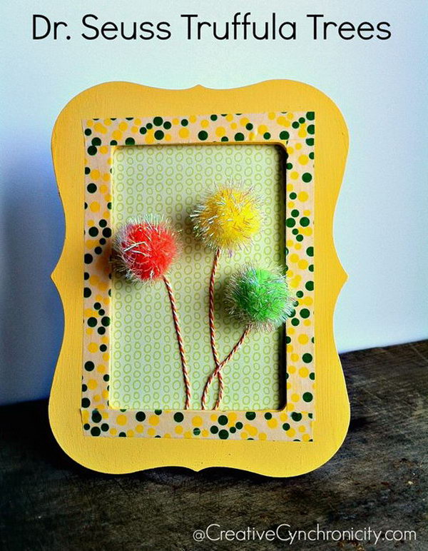 These Dr. Seuss framed truffula trees are fun for a kid's room or a Dr. Seuss party. It is so simple and you can make it in under 15 minutes. 