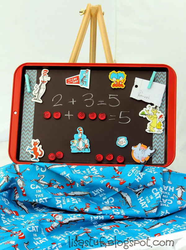Dr.Seuss inspired magnetic activity board made from an old cookie sheet. 