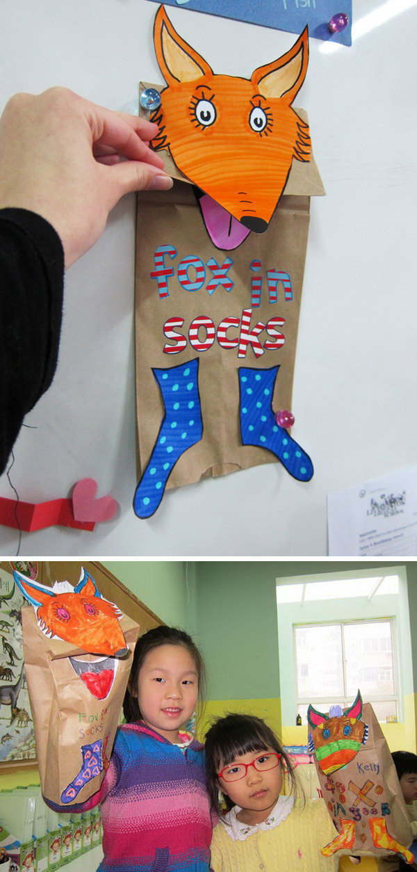 Dr. Seuss crafts inspired by the book 'Fox in Socks'. 