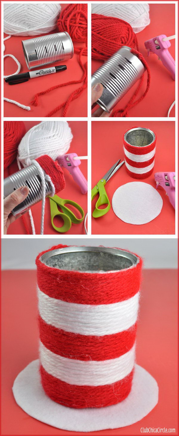 Turn a recycled aluminum can into a cute wrapped yarn pencil cup craft. The book that inspired this craft is 'The Cat in the Hat'. 