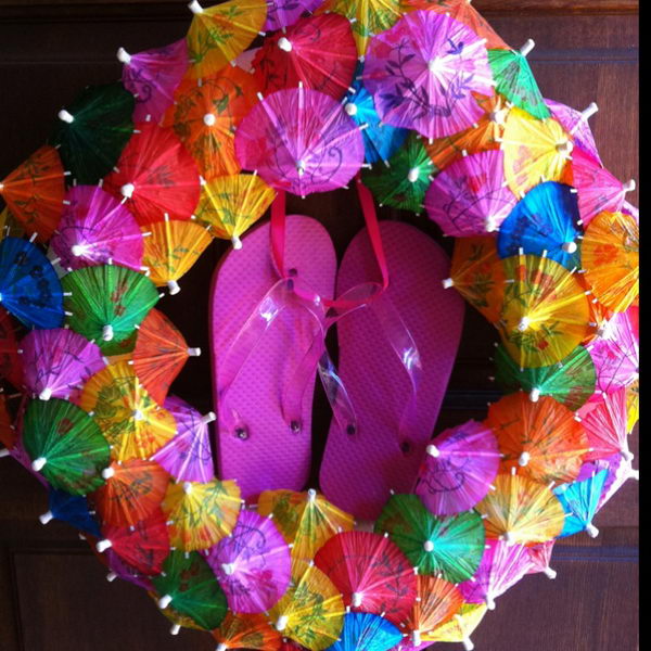 DIY Flip Flop Wreath Decoration. Add a splash of color to your home with a creative flip flop wreath on your door when summer is coming.