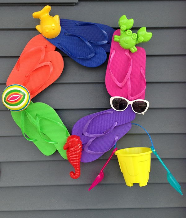 DIY Flip Flop Wreath Decoration. Add a splash of color to your home with a creative flip flop wreath on your door when summer is coming.