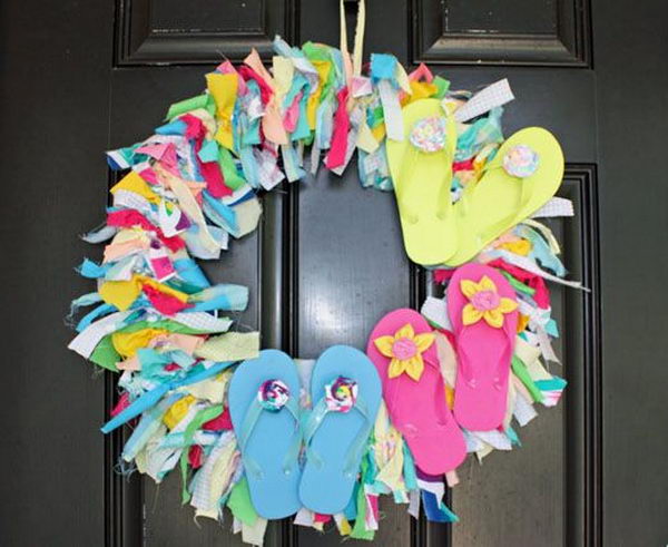 DIY Flip Flop Wreath Decoration. Add a splash of color to your home with a creative flip flop wreath on your door when summer is coming.