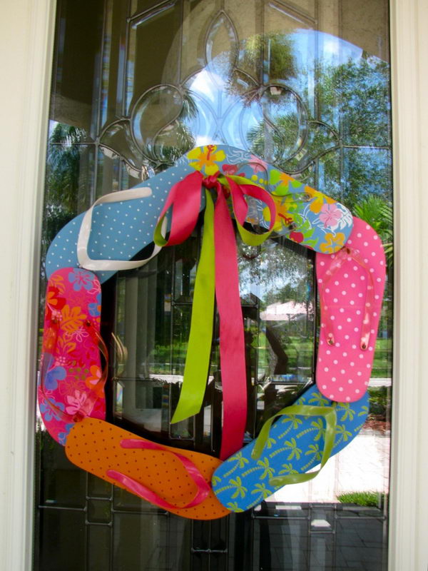 DIY Flip Flop Wreath Decoration. Add a splash of color to your home with a creative flip flop wreath on your door when summer is coming.