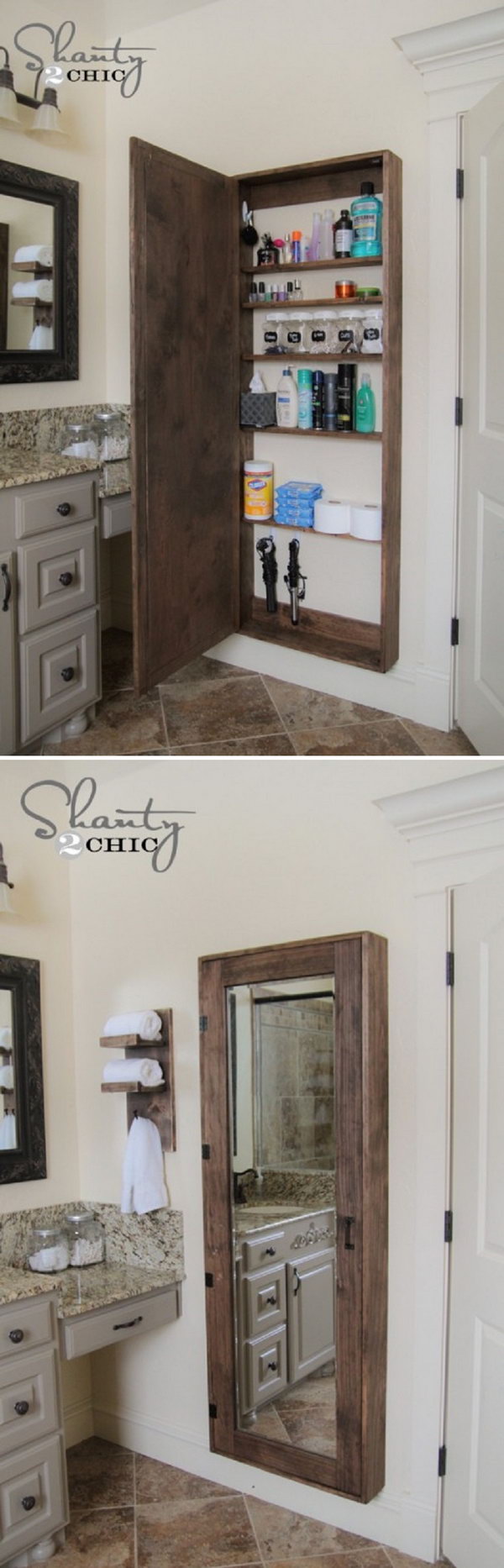 A big bathroom storage case behind the mirror to hold all the goodies, 