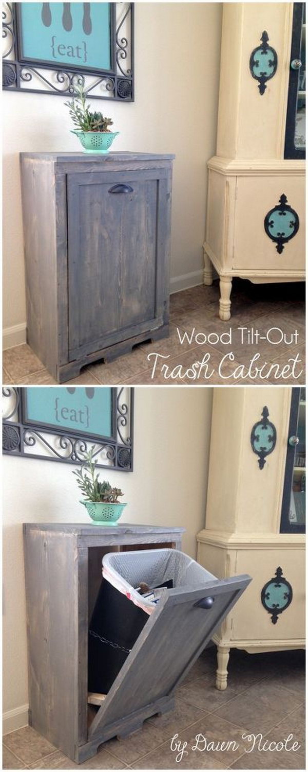 Hide your trash can in style with this tilt-open-door cabinet.  