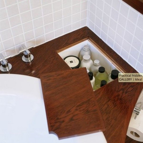 Hidden storage in bathroom for tub, shampoo and conditioner, etc. 