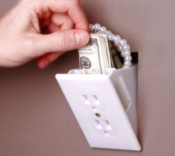 Hidden Outlet Wall Safe. It looks like an electrical outlet but it is a great place to hide your valuables. 