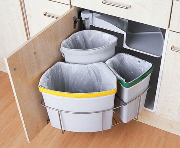 Floor space is always at a premium in a small kitchen, so integrate your bin if you can. Choose a split bin, such as this Three-Section Swing Eco Bin from Magnet Trade and it’ll make recycling or composting a doddle too. 