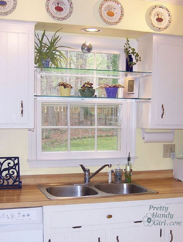 DIY Glass Shelves in Front of Kitchen Window, 