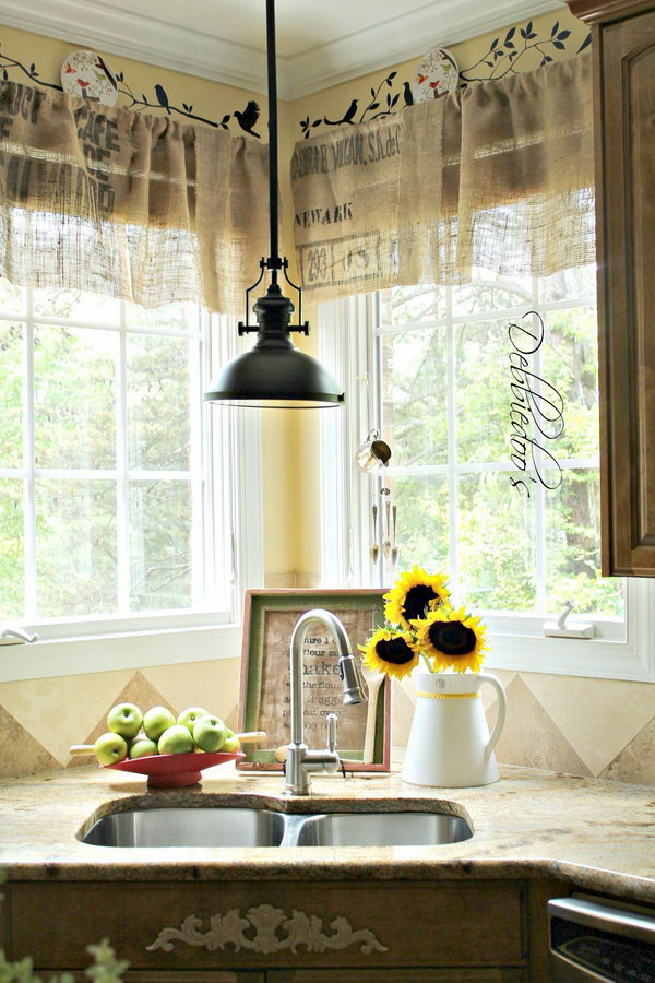 DIY No Sew Burlap Kitchen Valances Made from Coffee Bags, 