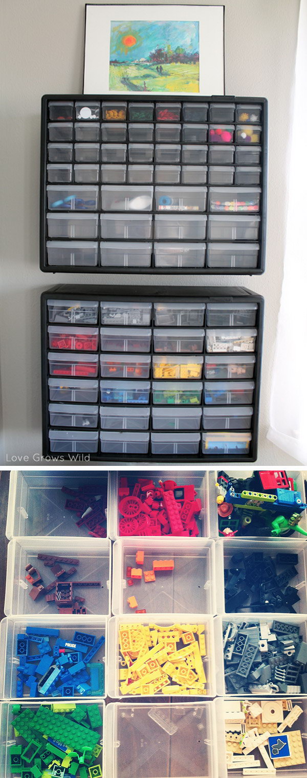 Put the organizer with drawers on the wall. Keep all the Lego pieces organized by color. 