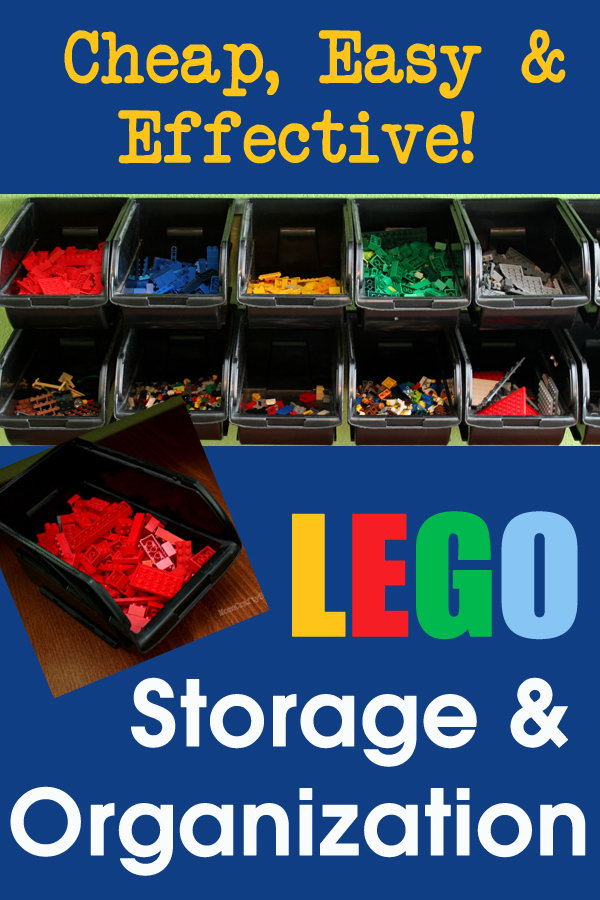 Cheap and easy LEGO storage organizer. Use the metal rail to hang these black plastic hanging storage bins on wall. The bins are removable from the rail so that the kids can easily take them off and find what they’re looking for. 