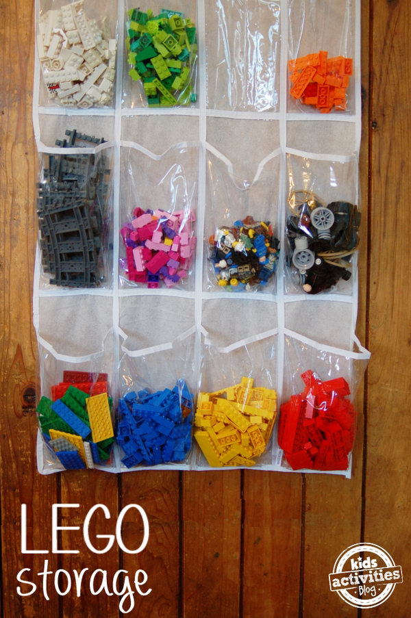 Make storing and organizing Lego bricks a snap using a shoe storage bag. 