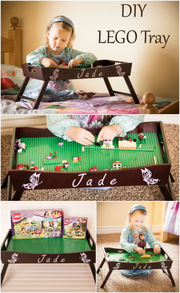 DIY LEGO tray play station made from Wooden breakfast serving tray.  