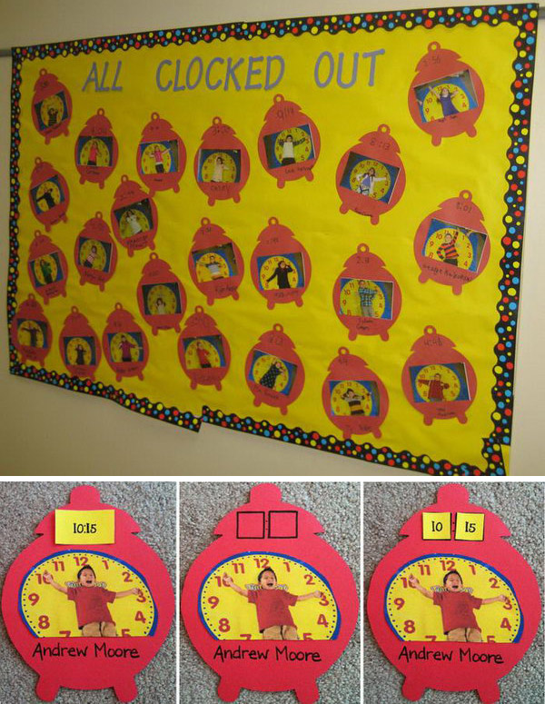 This elementary math bulletin board is a fun idea to teach students about time. They will have a blast using their body to display the time called out. Consider providing time strips or number tiles for students to match and attach. 