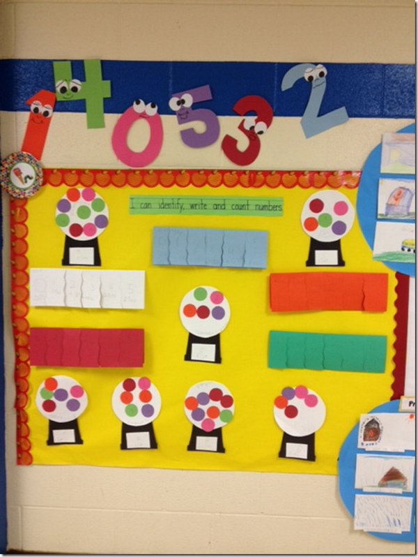 Identify, write and count numbers. What a cute math bulletin board idea with gumballs. 