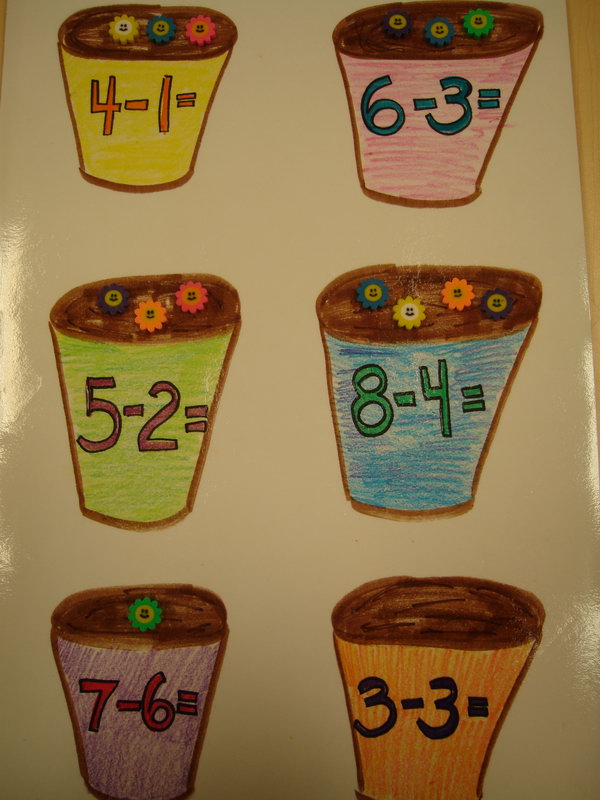 This flower pot bulletin board can be used for number identification and counting. Children place the correct number of flowers in each cup according to the number written on it. 