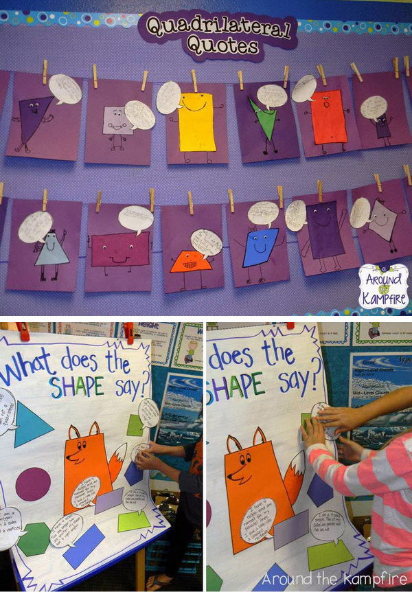 This math bulletin board is a fun way to teach students about 2D shapes and have them remember the attributes of the shapes. 