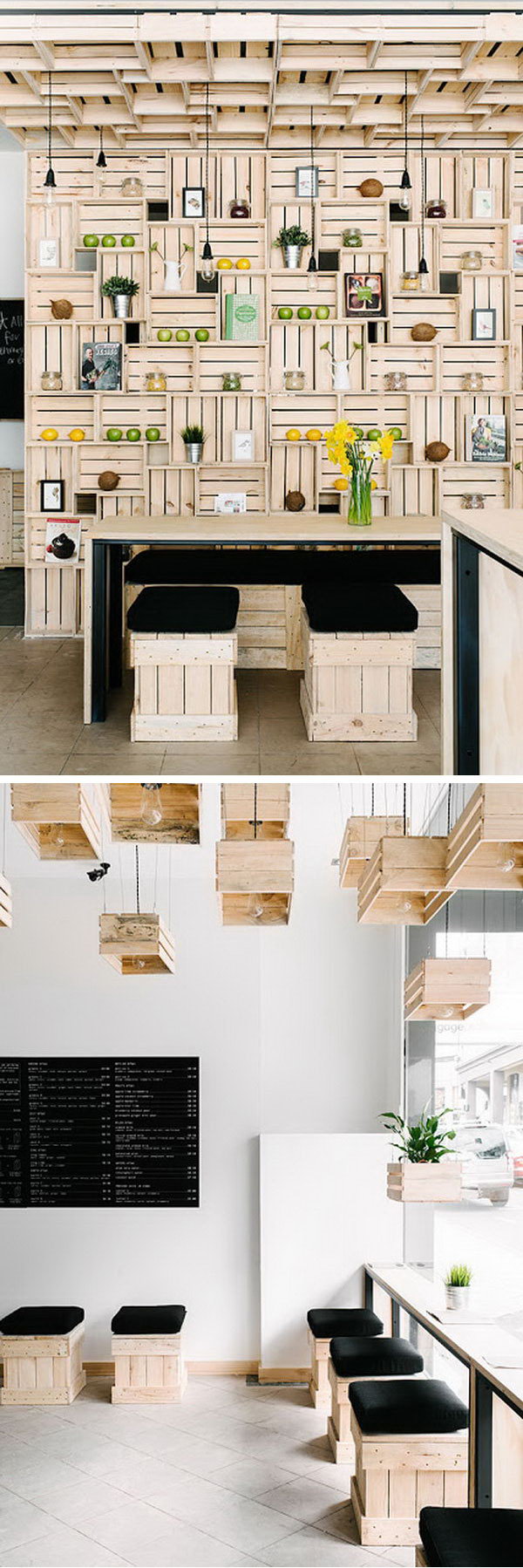 These wooden crates are used for shelves, stools and even chandeliers for a natural look. 