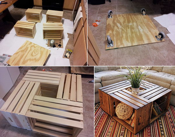 A stylish, rustic and functional DIY coffee table made from four wooden crates. 