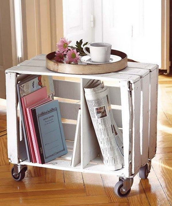 Make a mini library with painted milk crates and casters. A great idea for kids. 